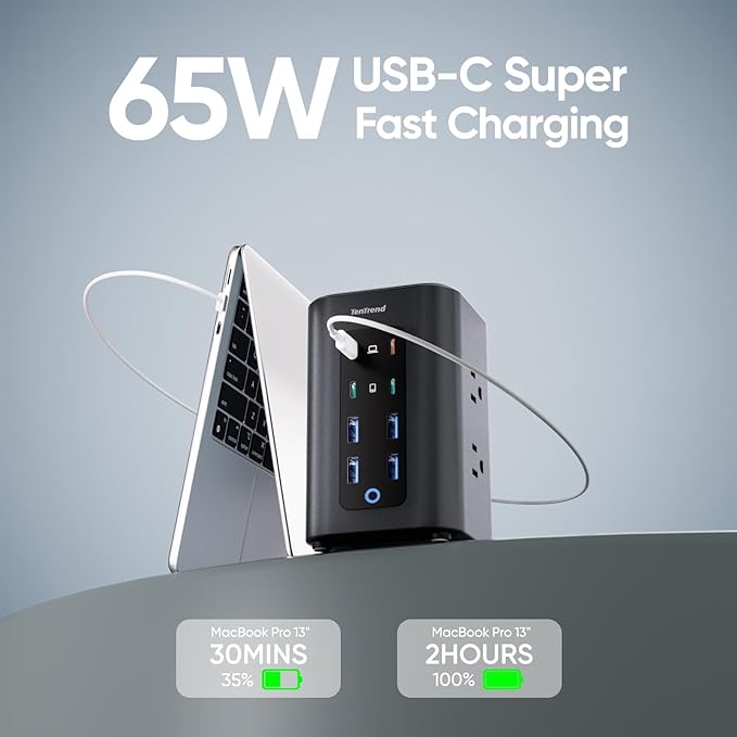 TenTrend Power Strip Tower (230W), 14-in-1 USB-C Charging Station Tower with 2000J Surge Protection, 10FT Extension Cord with 6 AC Outlets & 8 USB Ports for Home Office Dorm Essentials