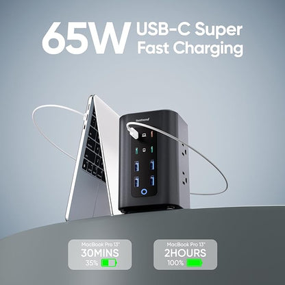 TenTrend Power Strip Tower (230W), 14-in-1 USB-C Charging Station Tower with 2000J Surge Protection, 10FT Extension Cord with 6 AC Outlets & 8 USB Ports for Home Office Dorm Essentials