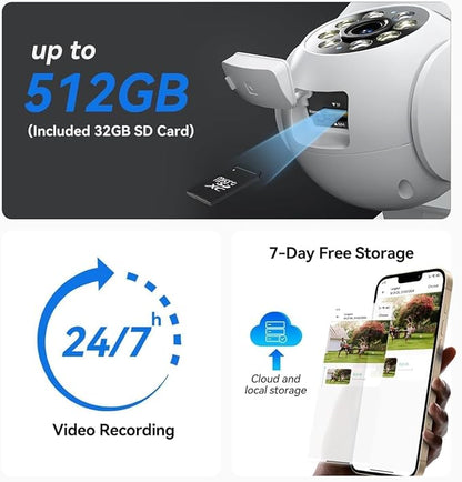 Solar Security Cameras Wireless Outdoor: 2K 4MP AOV 24/7 Continuous Recording Security Camera Wireless, 2.4G/5G Dual Band WiFi Camera with SD Card, Solar Powered, Color Night Vision, 2-Way Talk