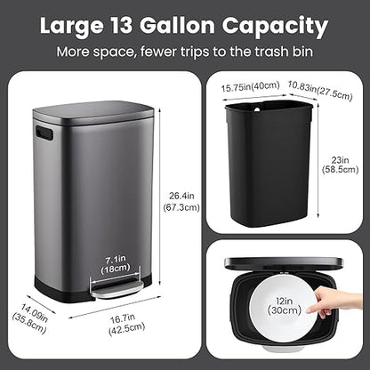 ELPHECO Kitchen Trash Can with Lid Soft Close, 13 Gallon / 50L Stainless Steel Pedal Garbage Can, Heavy-Duty Step Wastebasket with 20 Bags, Removable Bucket, Home Office, Titanium Silver