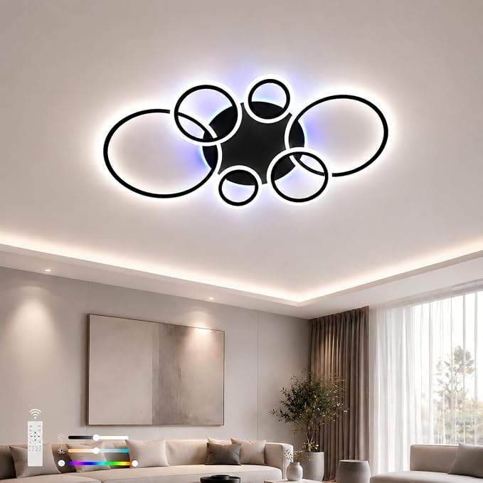 70W LED Ceiling Light, 6-Ring Black Flush Mount Fixture with Remote | Dimmable 3000K-6000K ceiling light with remote, 4200LM,RGB ambient glow,modern fixture for living room, bedroom & dining room