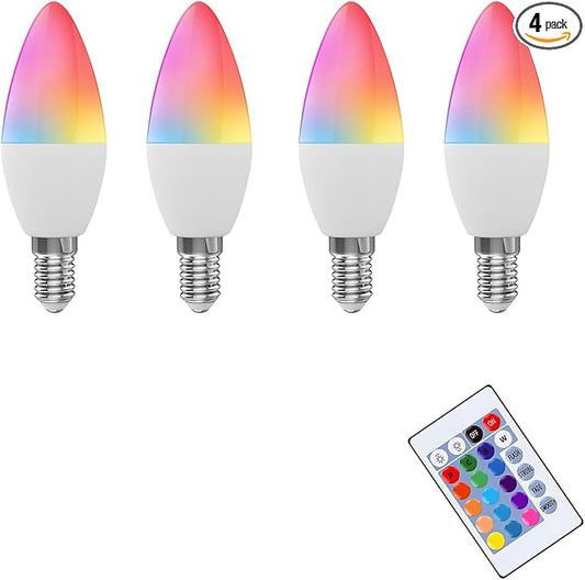 Smart Light Bulb, Candlestick LED Bulb, Pendant Light Bulb, E27 Base, dimmable and RGB Color Changing, with Remote Control, 4-Pack