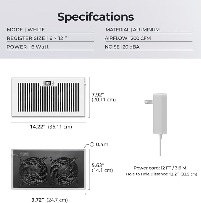 BIOWIND Quiet Register Booster Fan Fits 6" x 12" Register Holes, 10-Speed Smart Heating Cooling AC Vent Fan with Remote Control and Thermostat Control - White