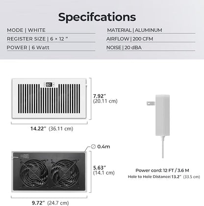 BIOWIND Quiet Register Booster Fan Fits 6" x 12" Register Holes, 10-Speed Smart Heating Cooling AC Vent Fan with Remote Control and Thermostat Control - White