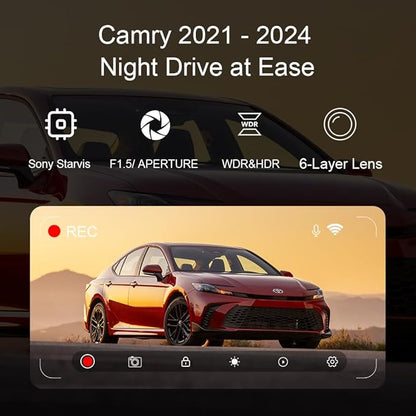 OEM Style Front 4K + Rear 1080p Dash Cam for Toyota Camry 2021 2022 2023 2024 LE L XLE TRD XSE SE Hybrid (Gen8/XV70), OEM Look, 2160P UHD Video， WiFi & APP, Loop Recording, Easy to Use,128G