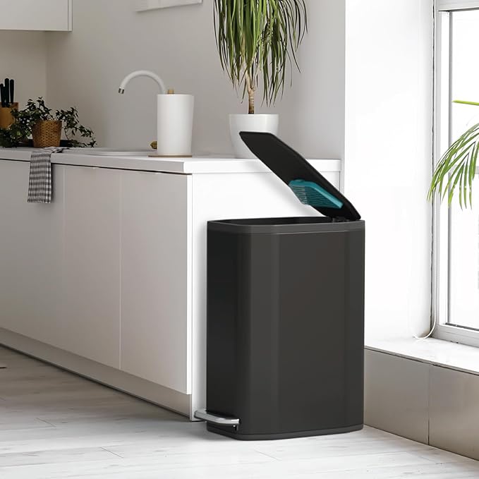 Home Zone Living 13 Gallon Kitchen Trash Can, Slim Stainless Steel with CleanAura Odor Control Pod, Stainless Steel, 50 Liters Total Capacity, Matte Black