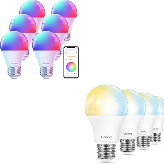 Linkind Color Changing Smart Light Bulbs 6 Pack Bundle with Tunable White Smart Light Bulbs 4 Pack, Compatible with Alexa & Google Home