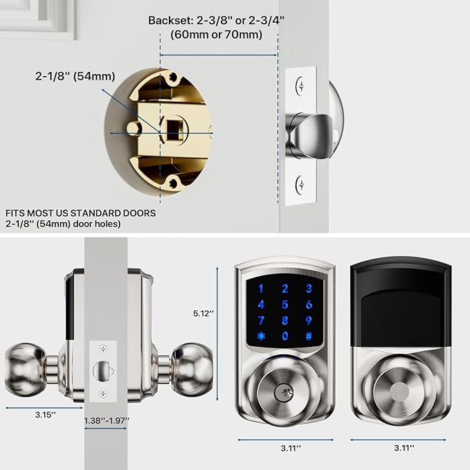 Hidalife Keyless Entry Door Lock with Code, Keypad Door Lock with Handle, Touchscreen Digital Lock with Keypad for Front Door, Auto-Lock, Satin Nickel