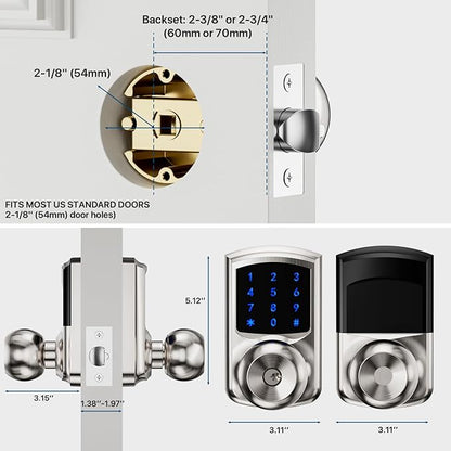 Hidalife Keyless Entry Door Lock with Code, Keypad Door Lock with Handle, Touchscreen Digital Lock with Keypad for Front Door, Auto-Lock, Satin Nickel