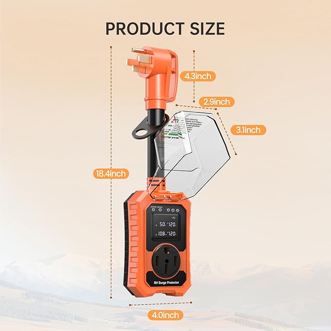 RV Surge Protector 50 Amp Waterproof- Smart 50Amp Power Protectors with Real-Time KWH, Voltage, and Current Monitor Screen, LED Display Circuit Analyzer for Camper Travel Trailer (Orange, 50 Amp)