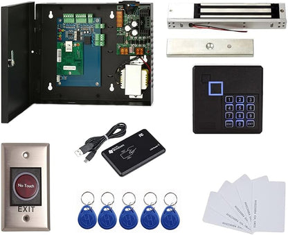 1 Door Access Control Board System 600lbs Electromagnetic Lock Infrared No Touch Exit Button RFID Keypad Reader 110~240V Power Supply Box USB Enroll Reader,Phone APP remotely Open Door