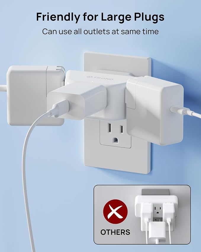TROND 360 Rotating Plug Outlet Extender for Bathroom, 2 Pack | 3AC Wall Outlet Adapter, No Blocking with 3 Way Angled Design, Small Multiple Plug Splitter for Kitchen Cruise Ship, White