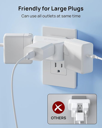 TROND 360 Rotating Plug Outlet Extender for Bathroom, 2 Pack | 3AC Wall Outlet Adapter, No Blocking with 3 Way Angled Design, Small Multiple Plug Splitter for Kitchen Cruise Ship, White