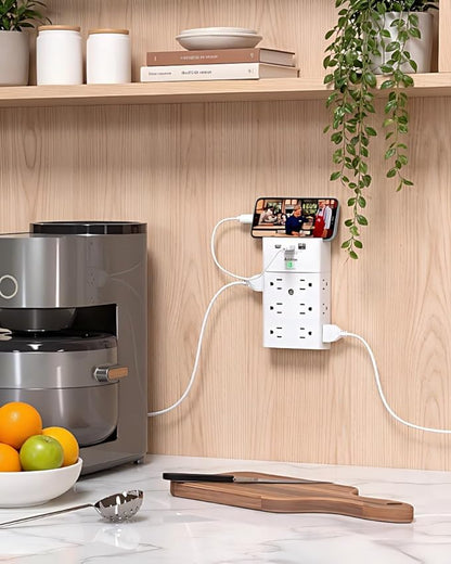 Addtam Multi Plug Wall Outlet, Surge Protector Wall Mount with 12 Outlet Extender 4 Sides and 3 USB Ports (PD 20W), Outlet Splitter Power Strip for Home Office Dorm Room Essentials, White