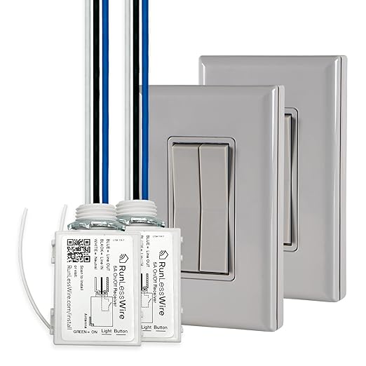 RunLessWire 3-Way Fan & Light Battery-Free DIY Kinetic Wireless Light Switch Kit for Bathrooms & Ceiling Fans: 2 Dual Remote Switches, Both Control 2 5A On/Off Receivers Separately Gray