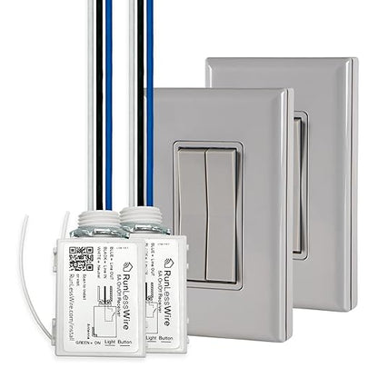 RunLessWire 3-Way Fan & Light Battery-Free DIY Kinetic Wireless Light Switch Kit for Bathrooms & Ceiling Fans: 2 Dual Remote Switches, Both Control 2 5A On/Off Receivers Separately Gray