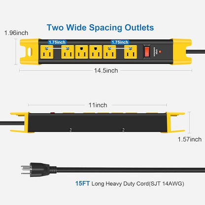 CCCEI Heavy Duty Power Strip Surge Protector - 6 Outlet Industrial Strip with 15A, 1200 Joules - ETL Listed Metal for Shop, Workshop, Garden (15FT, Black)