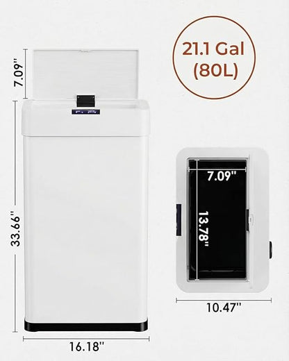 TLSUNNY 21.1 Gallon Motion Sensor Trash Can,Touchless Automatic Garbage Can,Brushed Stainless Steel Smart Bin,with Bag Holder,Soft Close Lid,for Kitchen,Office,RV,Bedroom,Living Room (White, 80L)