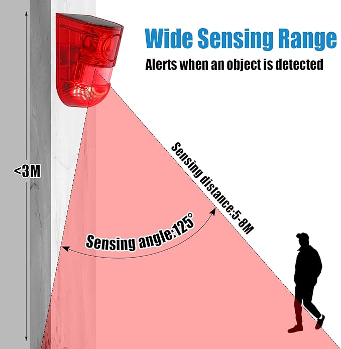 Qualirey Solar Sound and Light Alarm Motion Sensor 129db Outdoor Security Siren Waterproof Activated Detector Driveway Alarm 6 LEDs Flash Warning Deterrent Strobe System for Home, Farm(Red,6 Pack)