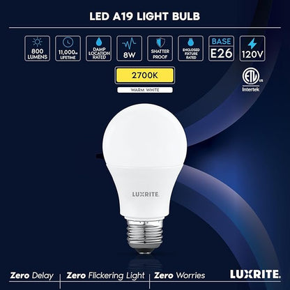 LUXRITE A19 LED Light Bulb 60 Watt Equivalent, Non-Dimmable, 2700K Warm White, 800LM, Standard LED Light Bulbs 8W, E26 Base, Enclosed Fixture Rated, Damp Rated, ETL Listed (24 Pack)