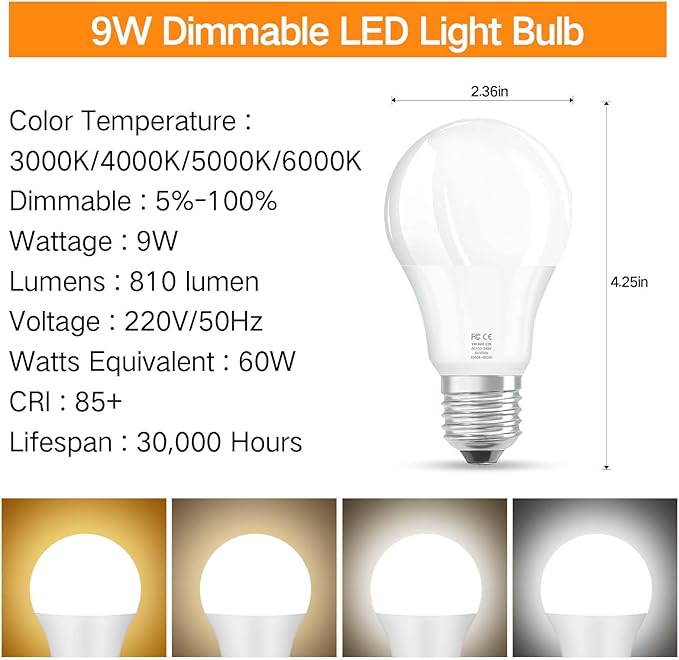 OUTON 2 Pack A19 LED Light Bulb with Remote Control, Efficient 9W LED Bulb (60Watt Equivalent), 810 LM, Dimmable, 3000K-6000K, E26 Base, LED Bulb with Timer for Living Room, Bedroom, 2 Bulb & 1 Remote