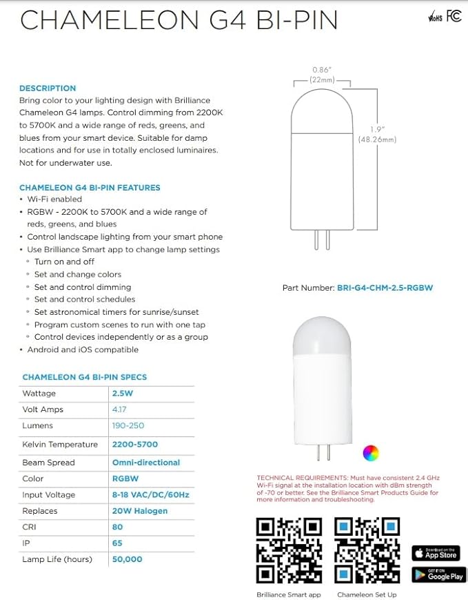 SPW Brilliance BRI-G4-CHM-2.5-RGBW Chameleon Color Change G4 Bi-Pin Lamp 2.5W 5700K Omni-Directional BRIG4CHM2.5RGBW