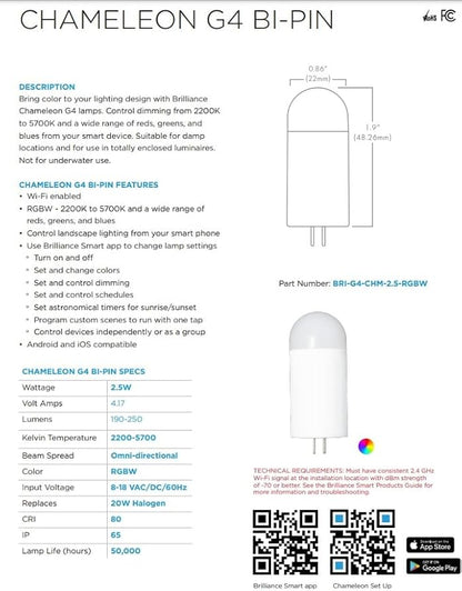 SPW Brilliance BRI-G4-CHM-2.5-RGBW Chameleon Color Change G4 Bi-Pin Lamp 2.5W 5700K Omni-Directional BRIG4CHM2.5RGBW