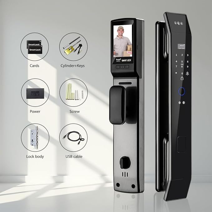 Smart Door Lock with 3D Face Recognition & Camera, Video Doorbell with Intercom, Fingerprint Keyless Entry, Password, IC Card, Key, Alexa Compatible, Tuya App Control, Smart Home Front Door Security