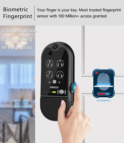 Lockly Vision Elite - WiFi Video Smart Lock with Night Vision Camera, Motion Sensor, Biometric Fingerprint, Voice Control, App Remote Control, Doorbell, Solar Panel, Digital Keypad, Matte Black