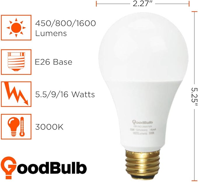 GoodBulb LED A21 3-Way Light Bulbs 5/9.5/16 Watt (40/60/120 Watt Equivalent) E26 Base Warm White 3000K EcoSmart Lights High Output 450/800/1600 Lumens 2 Pack
