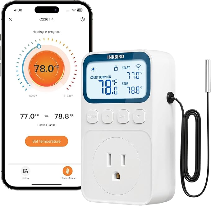 INKBIRD Plug in Thermostat WiFi 1800W 15A Heating Cooling Timer Countdown Mode