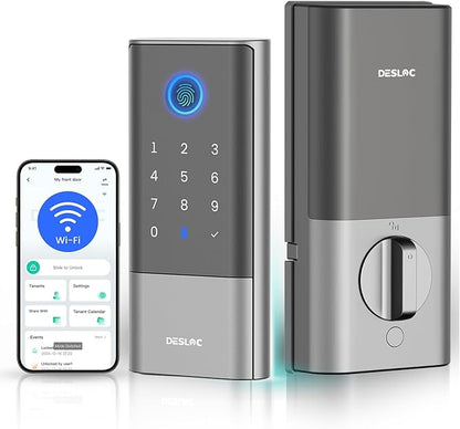 DESLOC Smart Lock K120 with GPT 3D Fingerprint, 15,000mAh Battery (Up to 16 Months), Keyless Entry Door Lock with Built-in WiFi, IP65 BHMA Grade 3 Deadbolt for Home, Rental & Airbnb, Silver