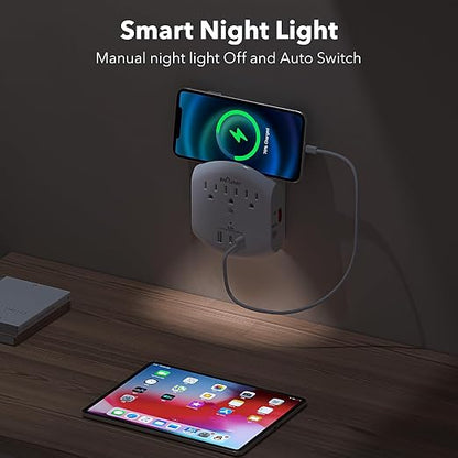 BN-LINK 3-Outlet Extender, Multi Plug Outlets with 3 USB Ports (3.4A Total), Dusk-to-Dawn Sensor Night Light, Surge Protector with Top Phone Holder, for Traveling, Home, School, Office