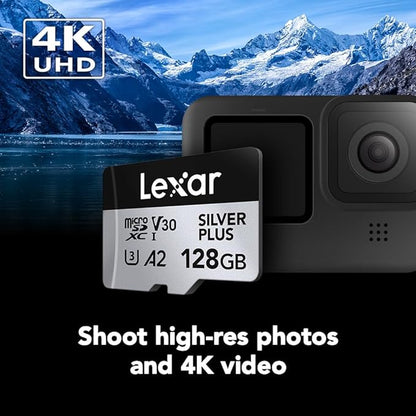 Lexar 128GB Professional Silver Plus Micro SD Card, UHS-I, C10, U3, V30, Full HD & 4K, Up to 205/150 MB/s microSDXC Memory Card, for Videographers, Gamers (LMSSIPL128G-BNANU)