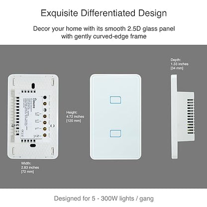 HAUZA Smart Light Switch BLE (Bluetooth) - 2 Gang Touch Panel, Hybrid Wiring (Neutral/no Neutral)-Smart Life App, Compatible with Voice Assistants and Internet Features Through Hauza Gateway