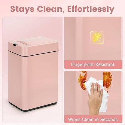 SYNCVIBE Sensor Trash Can with Butterfly Lid 2.6 Gallon Rectangular Automatic Garbage Can, Stainless Steel Trash Bin, Slim Waterproof Wastebaskets with Lid Soft Close for Under Counter, Pink