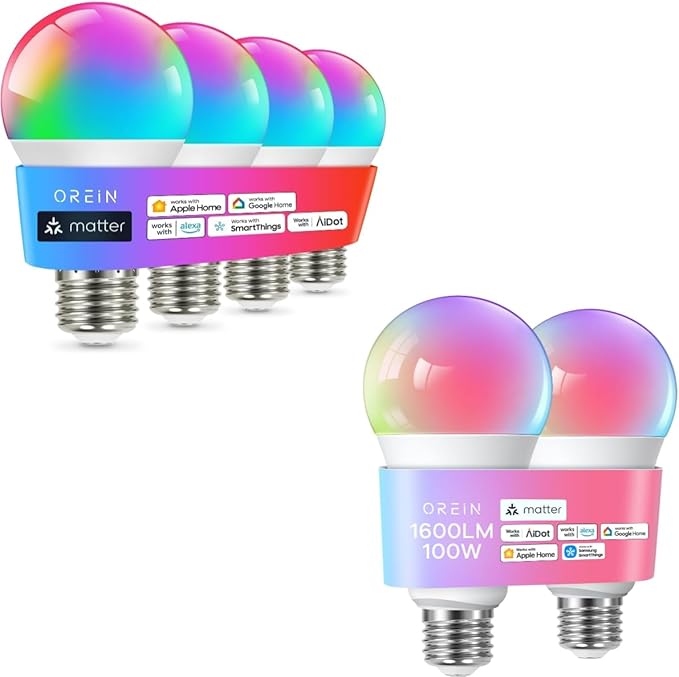 OREiN Matter Smart Light Bulb, A19 & A21 Smart Light Bulbs Work with Apple Home, Alexa, Google Home, SmartThings, Color Changing Light Bulbs 2.4Ghz WiFi, 800 & 1600Lumens Equivalent 60W 4Pack