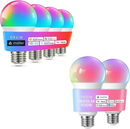 OREiN Matter Smart Light Bulb, A19 & A21 Smart Light Bulbs Work with Apple Home, Alexa, Google Home, SmartThings, Color Changing Light Bulbs 2.4Ghz WiFi, 800 & 1600Lumens Equivalent 60W 4Pack