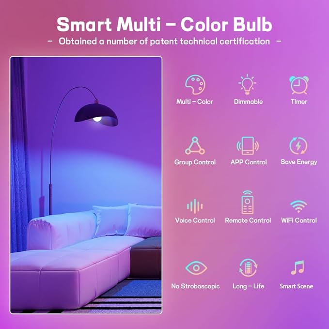Smart Light Bulbs,Full Color Changing Dimmable LED Bulb,Compatible with Alexa and Google Assistant,UL FCC Certified,2.4GHz WiFi+Bluetooth LED Light Bulbs, Music Sync Smart Home Lighting (3)