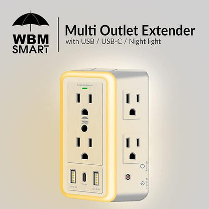 WBM Smart Multi Plug Outlet, Surge Protector, 6-Outlet Extender with 2 USB Charging Ports, USB-C & Night Light, 3-Sided Power Strip with Adapter Spaced Outlets - 2 Count, White