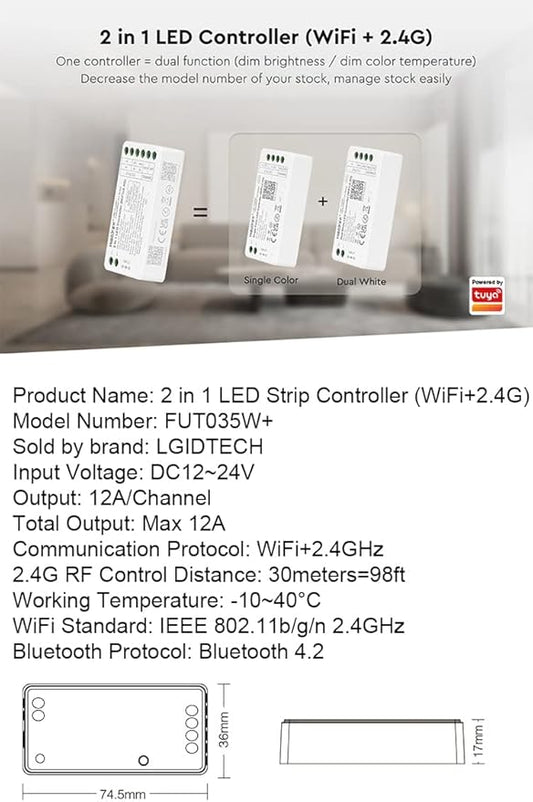 LGIDTECH FUT035W+ Miboxer 2 in 1 LED Strip Controller WiFi+2.4G,Smartphone APP Control Directly,Compatible with Amazon Echo Alexa Google Home Voice Control