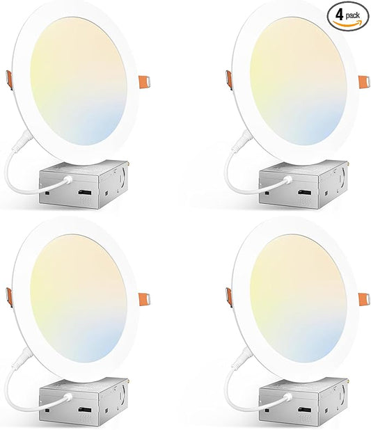 Amico 4 Pack 7 Inch 5CCT Ultra-Thin LED Canless Recessed Ceiling Light with Junction Box, 2700K/3000K/3500K/4000K/5000K Selectable, 15W=100W, 1300LM High Brightness, Dimmable Wafer Downlight-ETL&FCC