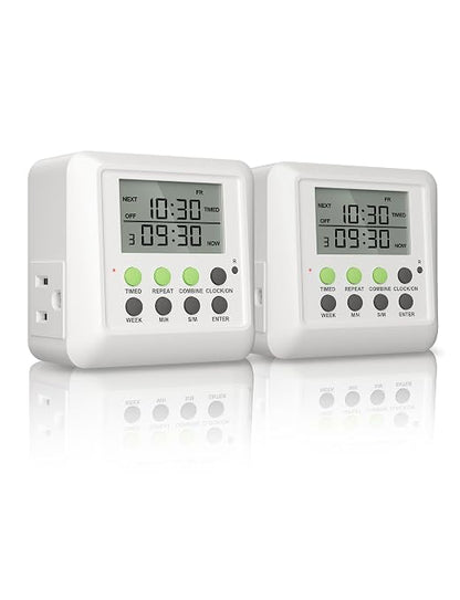 NOVKIT 2 x 3-in-1 Dual Outlet Timer Plug with Interval Cycle for Indoor, 7 Day 24 Hour Programmable Digital Repeat Timer Switch (15A, 1875W)