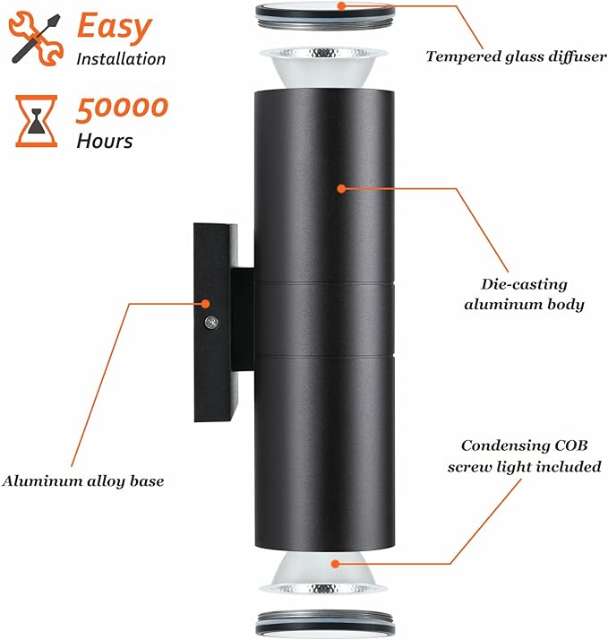 DAKAFUL Dimmable Wall Lights Outdoor 2 Packs, Integrated LED Cylinder Up Down 12W 2700K Modern Aluminum Light, Waterproof Exterior Light for Porch Patio Door