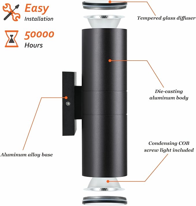 DAKAFUL Outdoor Wall Lights 2 Packs, Integrated LED Cylinder Up Down 12W 2700K Modern Aluminum Light, Waterproof Exterior Light for Porch Patio Door, Matte Black