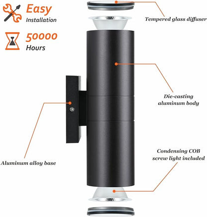 DAKAFUL Outdoor Wall Lights 4Pack, Integrated LED Cylinder Up Down Lights, 12W 2700K Aluminum Exterior Wall Light, Outdoor Light Fixture for Porch Patio Door.(Matte Black)