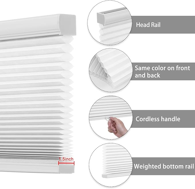 Changshade Cordless Cellular Shades Light Filtering Custom Size, Honeycomb Door Indoor Window Blinds 1.5 inch Cell Pleated Easy Install for Home, Office, Living Room, Bedroom, Bathroom, Nursey, White