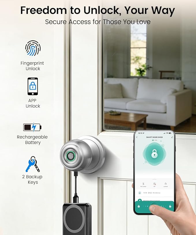 Fingerprint Door Lock, Smart Fingerprint Door Knob with Lock, Biometric Door knob with App Control & Key, Keyless Thumbprint Entry Door Lock for Bedroom, Front Door, Home, Apartment-Burnished Silver