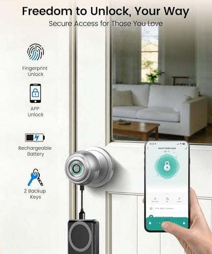 Fingerprint Door Lock, Smart Fingerprint Door Knob with Lock, Biometric Door knob with App Control & Key, Keyless Thumbprint Entry Door Lock for Bedroom, Front Door, Home, Apartment-Burnished Silver