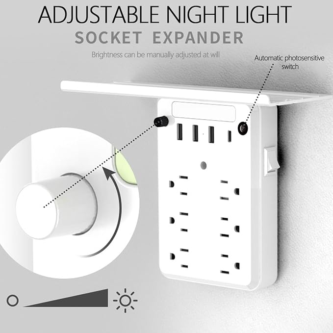Preliminark Wall Outlet Extender with Shelf Night, Outlet Extended with Surge Protector and Shelf 6 Ac Outlets, 3 USB & 1 USB C Charging Ports, for Home Office (1pcs)